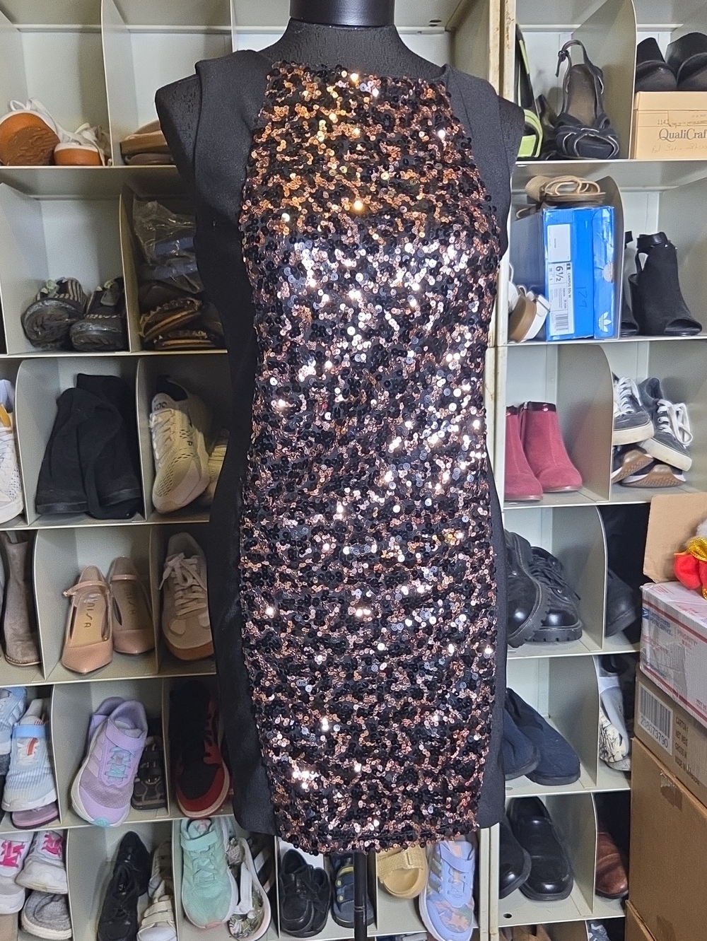 Sequin-Front Mini Sheath Dress in Rose Gold and Black